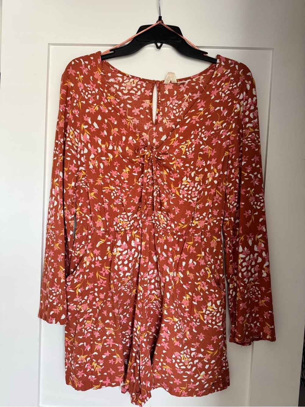 Women’s Roxy Rust Floral Tie-Front Romper with Pockets